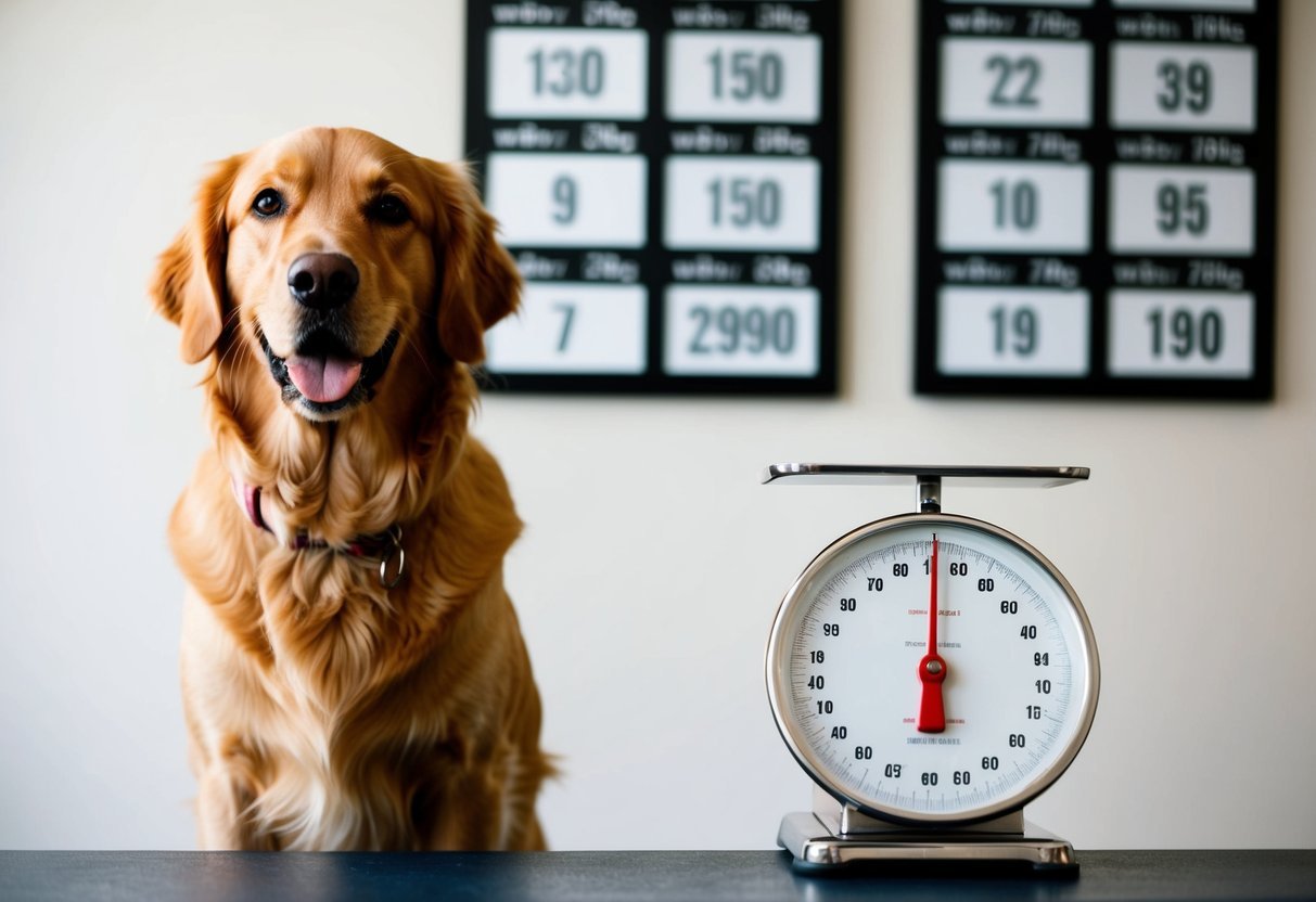 A golden retriever standing on a scale with seven weight charts displayed on the wall behind it