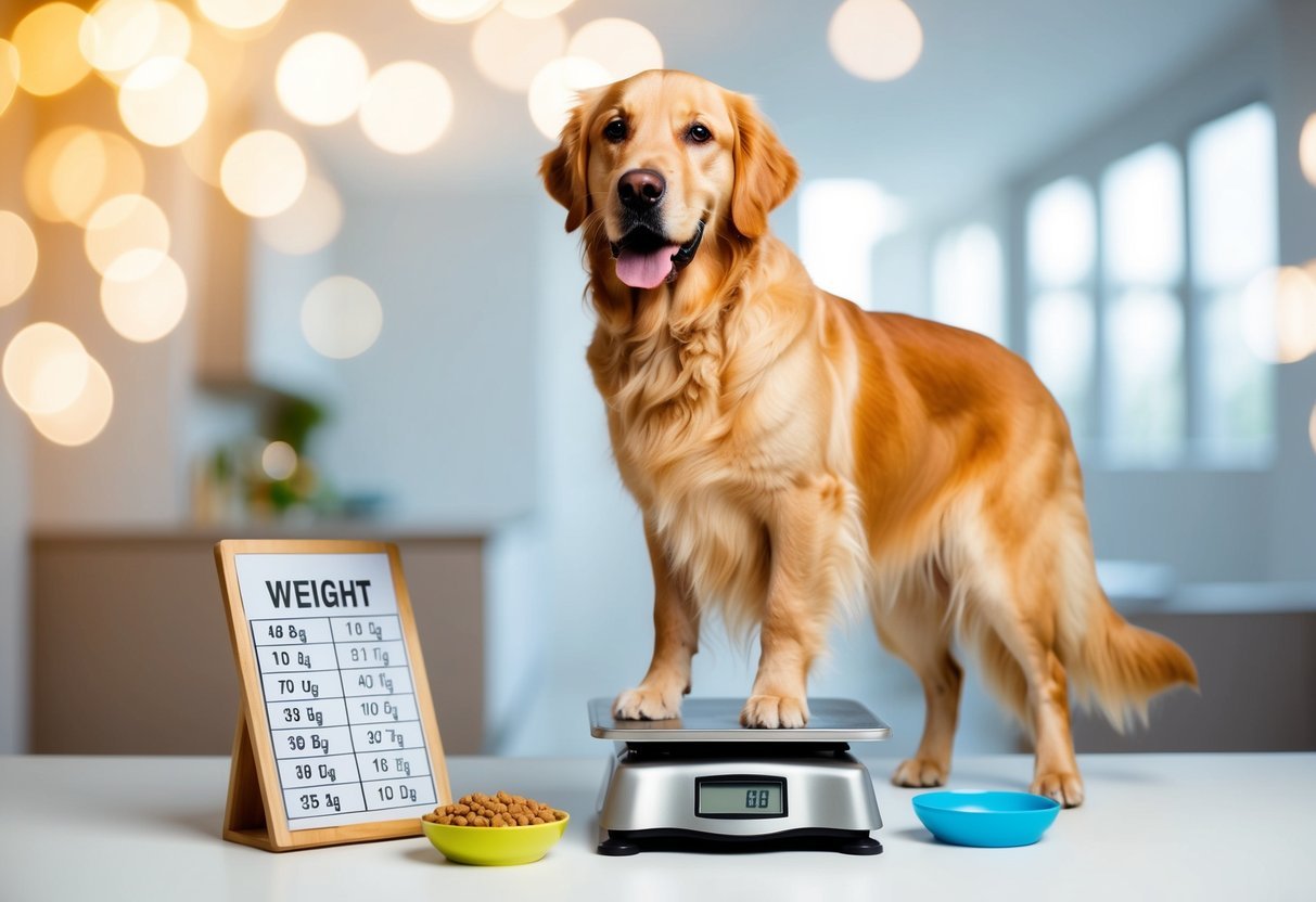 A golden retriever standing on a scale, with weight charts and healthy food bowls nearby