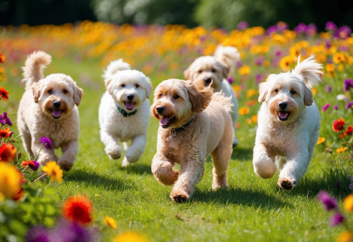 A group of Shepadoodles playfully romp through a field of colorful flowers, their fluffy coats catching the sunlight as they chase each other