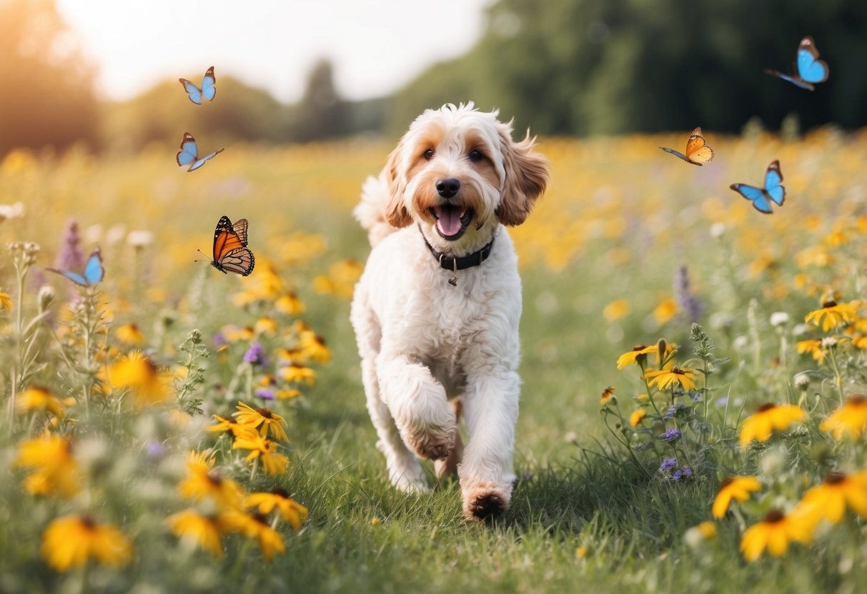A Shepadoodle happily playing in a field of wildflowers, surrounded by butterflies and birds