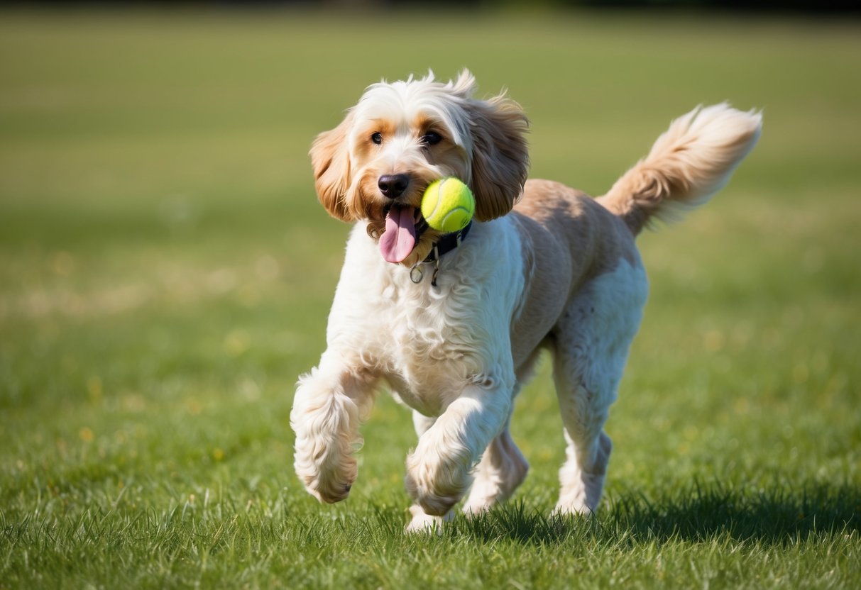 A Shepadoodle running through a grassy field, tongue lolling and tail wagging, with a tennis ball in its mouth