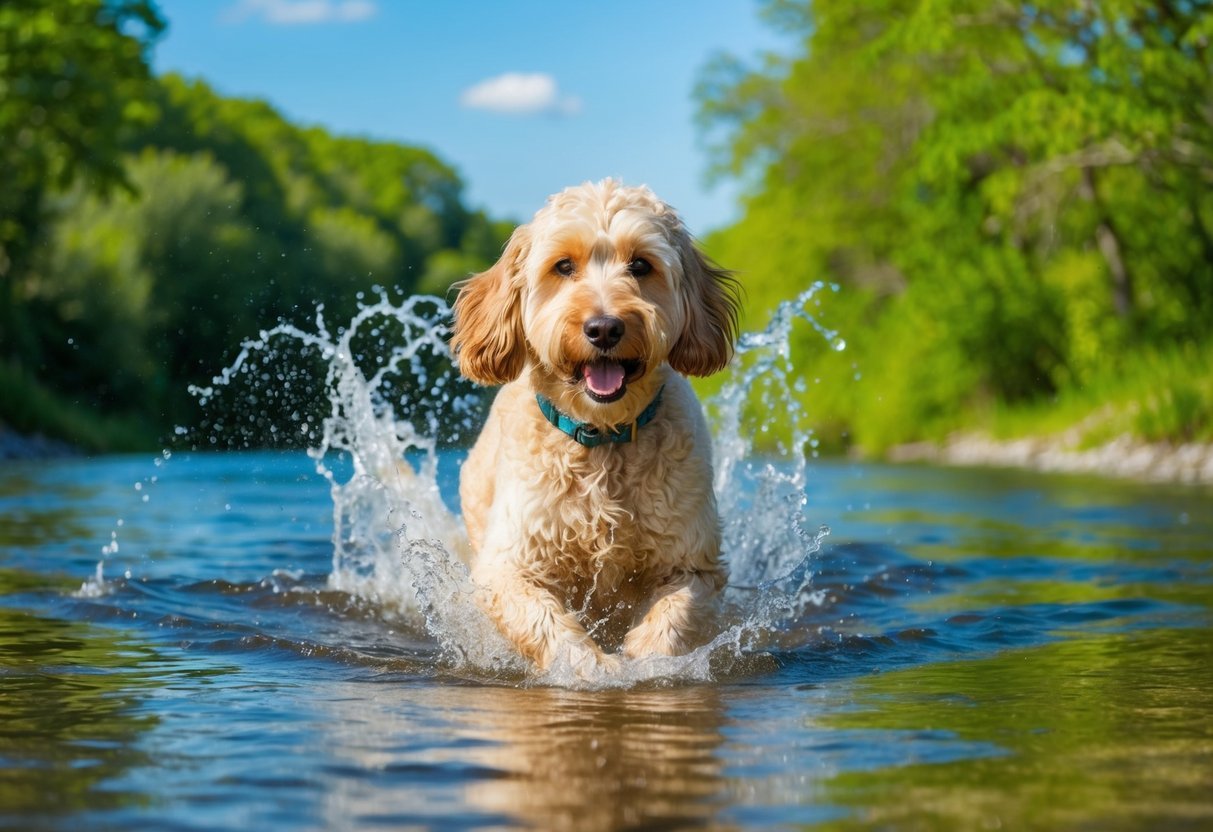 A Sheepadoodle dog splashing in a clear, sparkling river, surrounded by lush green trees and a bright blue sky