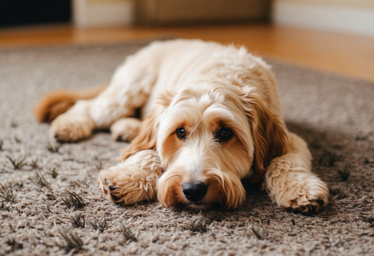 A Shepadoodle lying on a carpet surrounded by minimal shedding fur