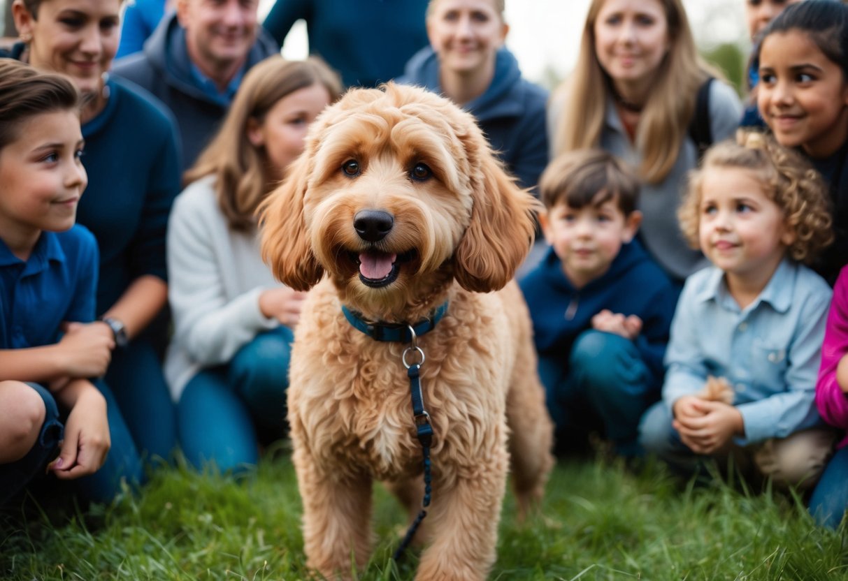 A playful Shepadoodle surrounded by curious onlookers, with a mix of German Shepherd and Poodle traits evident in its fluffy coat and intelligent gaze