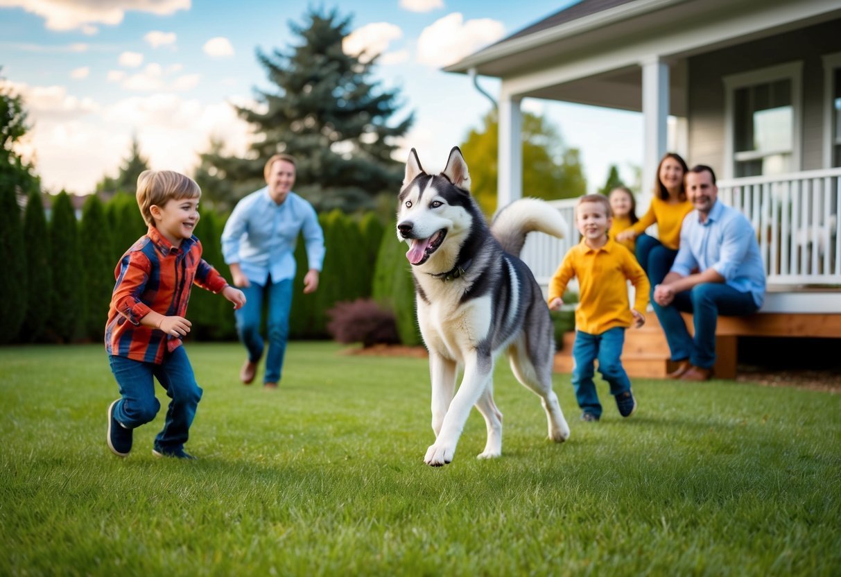 Family playing with a husky dog in a backyard
