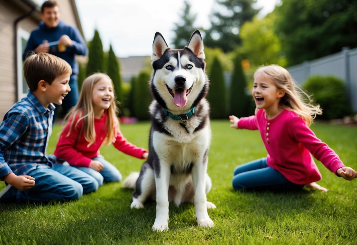 A smiling husky surrounded by children playing and laughing in a spacious backyard