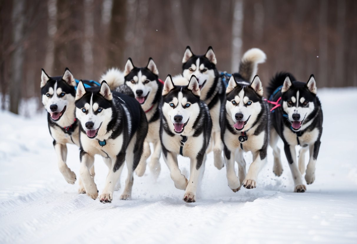 A pack of huskies running together through a snowy forest, their strong bond evident in their synchronized movements and focused expressions