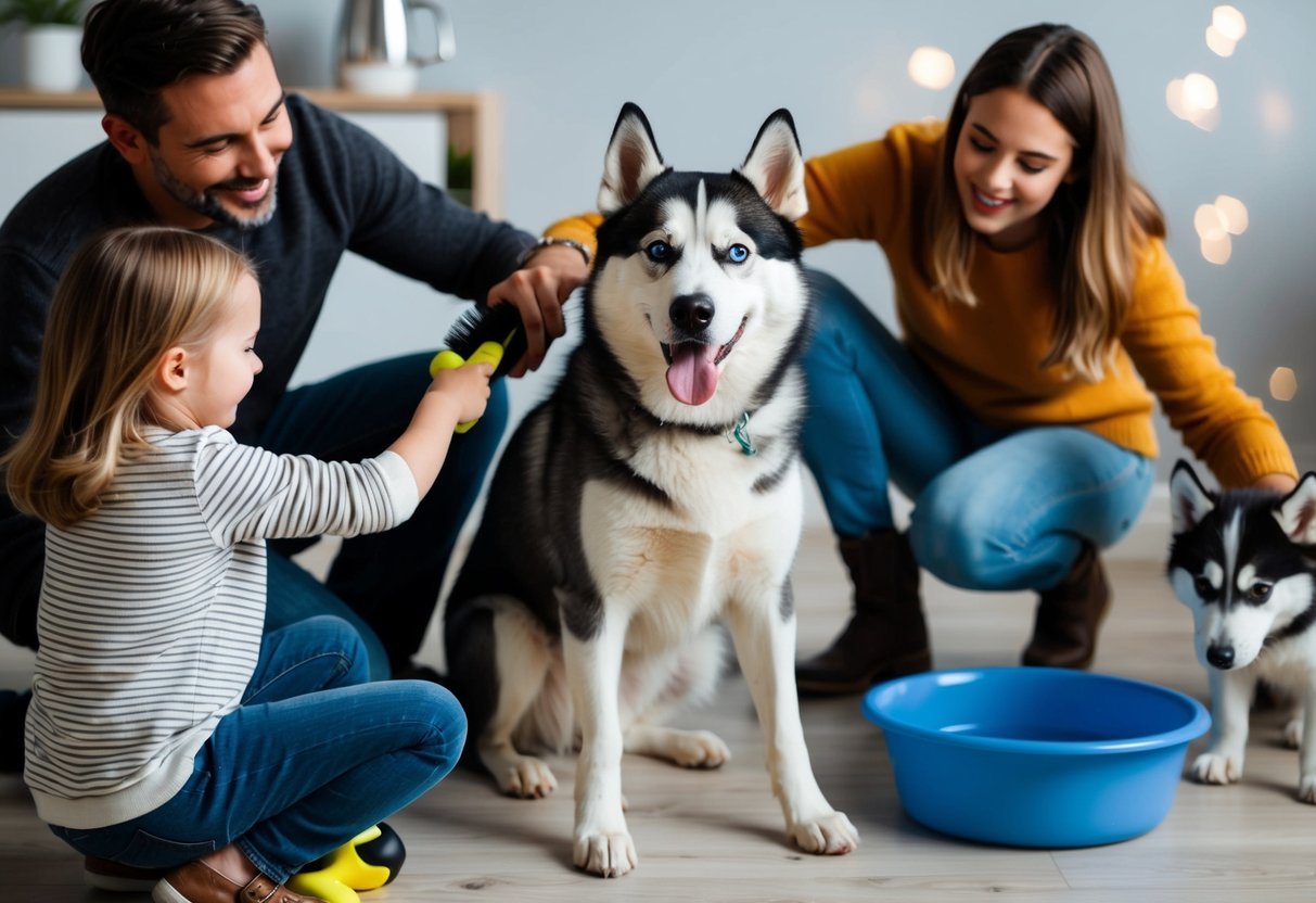 A husky being brushed by a child, while another family member fills a water bowl and a third plays with a toy
