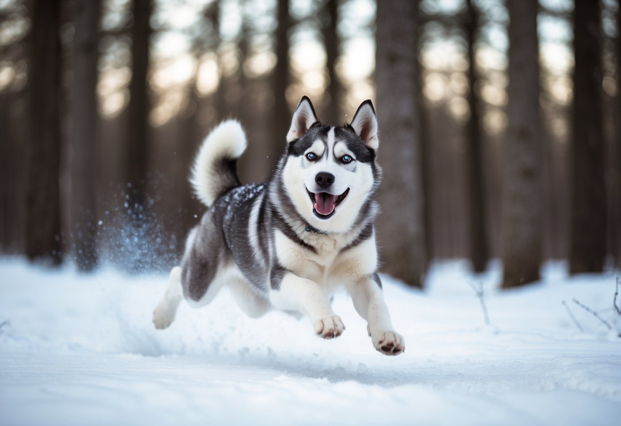 A playful husky jumping and running through a snowy forest, with a friendly and alert expression on its face