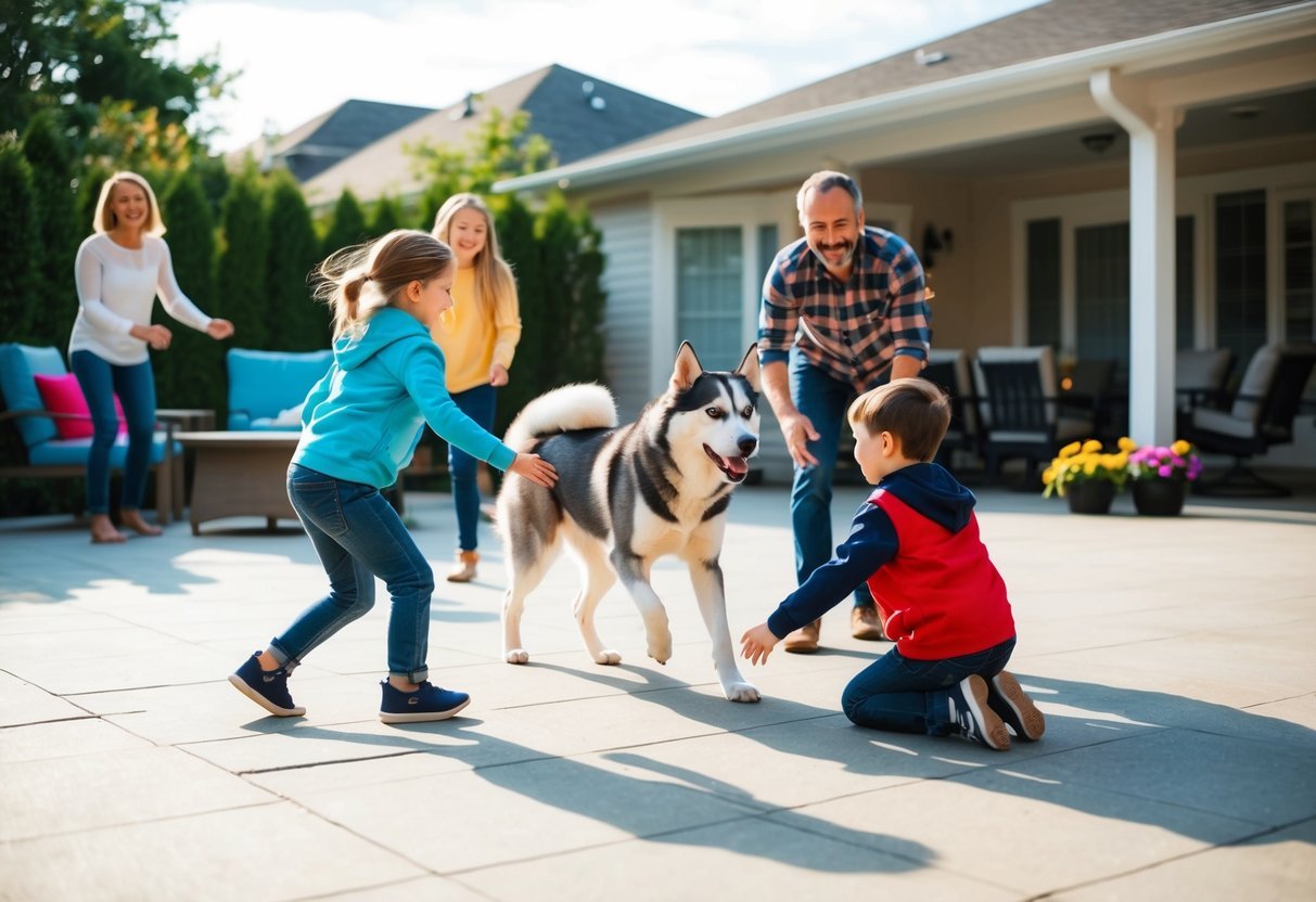 A husky playing with children in a spacious backyard, while the parents watch from the patio with smiles on their faces
