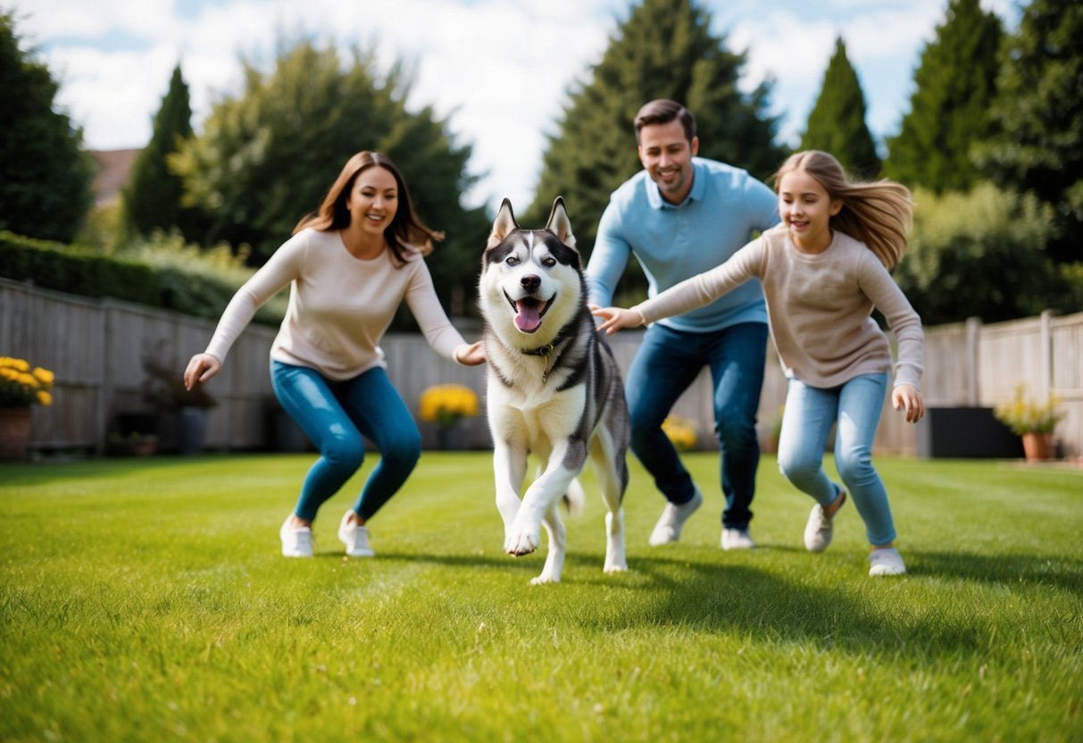 A happy family playing with a husky in a spacious backyard, with the dog displaying energy and playfulness