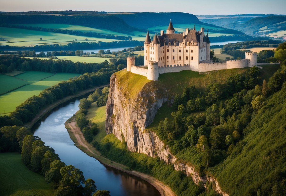 A castle perched on a rugged cliff overlooks rolling green hills and a winding river, surrounded by forests and fields