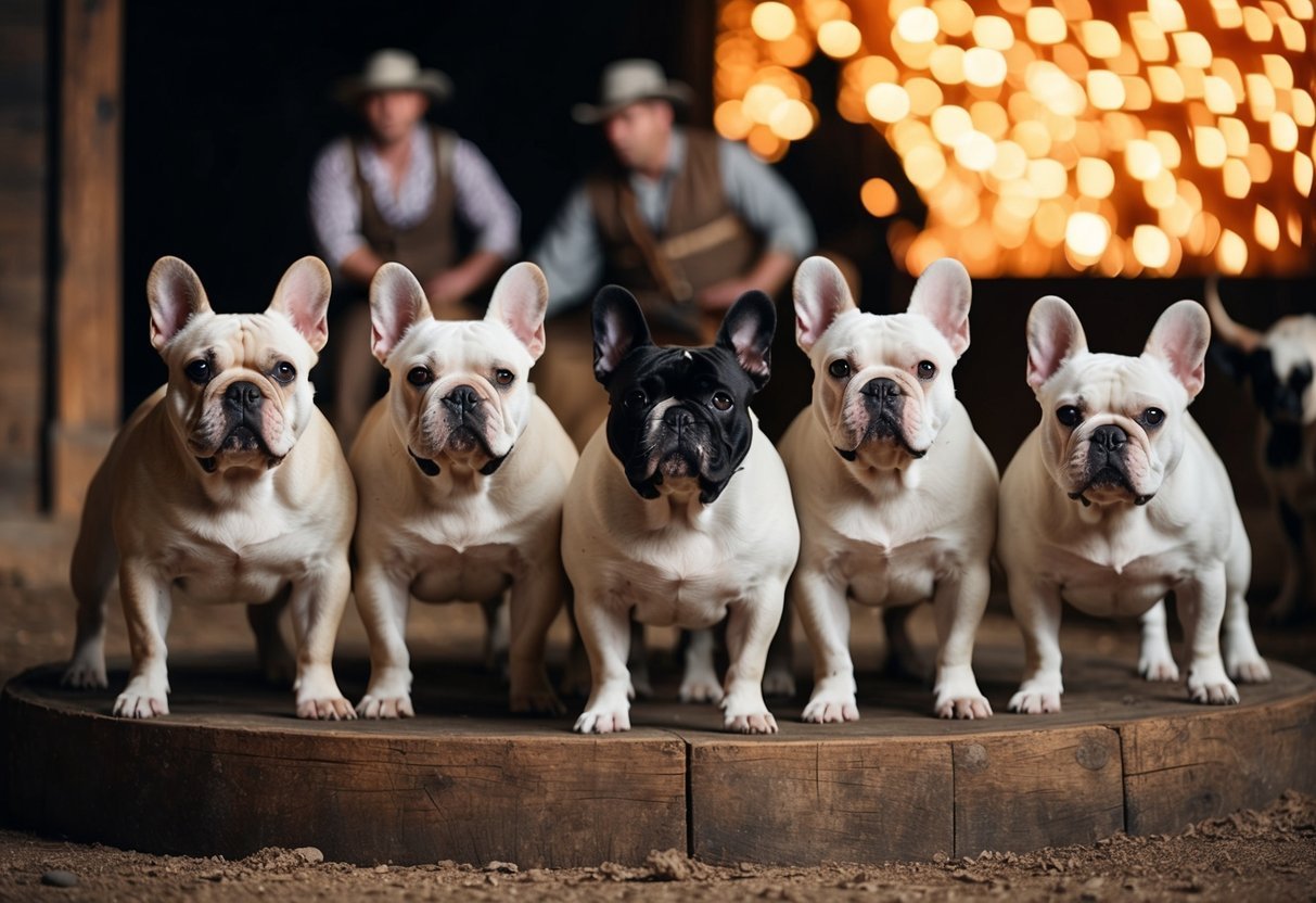 A group of French Bulldogs are shown in a historical bull-baiting scene, displaying their muscular build and determined expressions