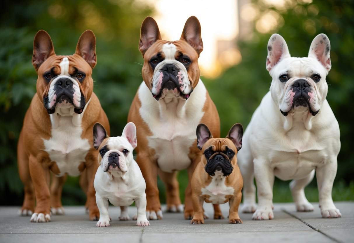 A group of English Bulldogs evolve into French Bulldogs over time, showing the transition through different stages of physical characteristics and traits