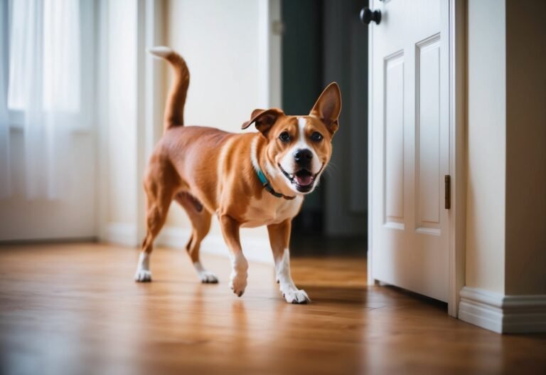 Happy brown and white dog walking towards the camera in a room