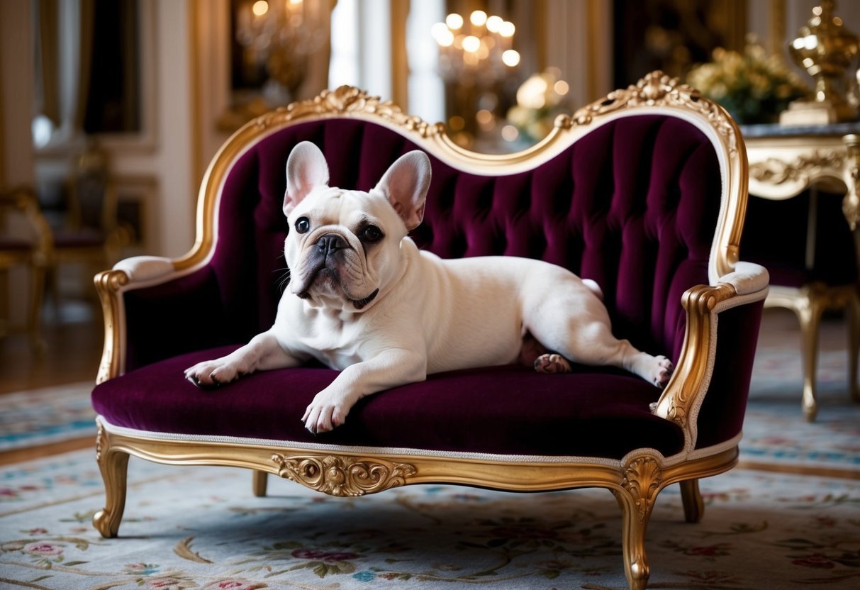 A French Bulldog lounges on a velvet chaise surrounded by opulent decor, reflecting a bygone era of luxury and high society