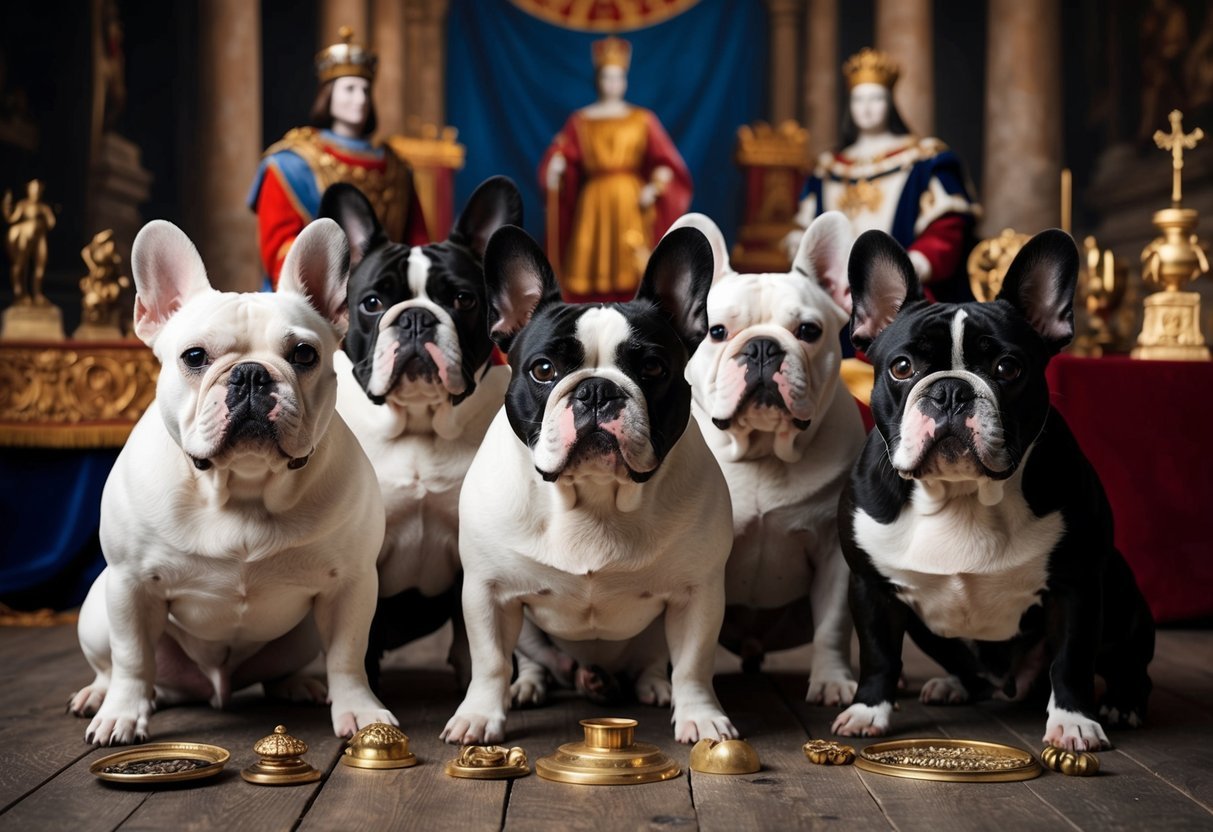 A group of French Bulldogs in various historical settings, such as ancient France and royal courts, surrounded by artifacts and symbols of their history