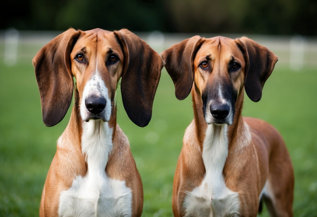 Two large dogs stand side by side, their distinct ear shapes clearly visible.</p><p>The Deerhound's ears are long and folded, while the Wolfhound's ears are shorter and stand upright