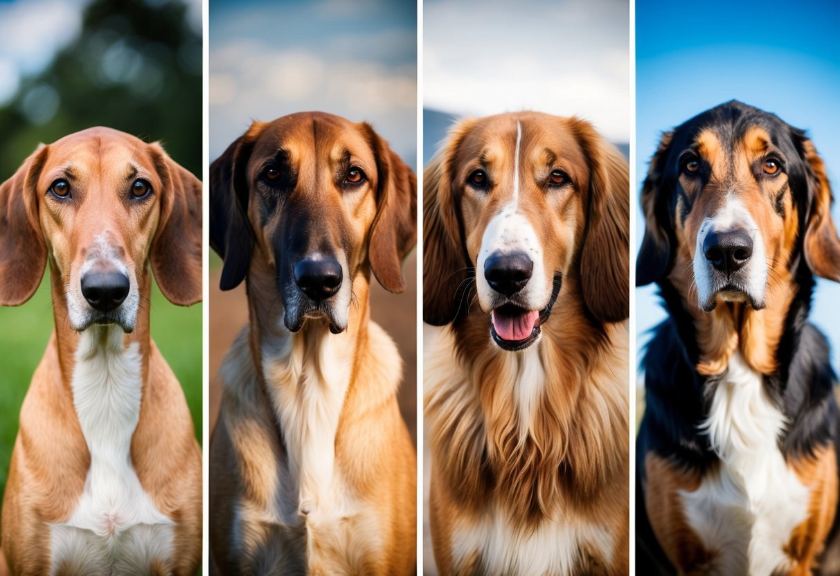 Four different textured coats on large dog breeds, distinguishing between a Deerhound and a Wolfhound