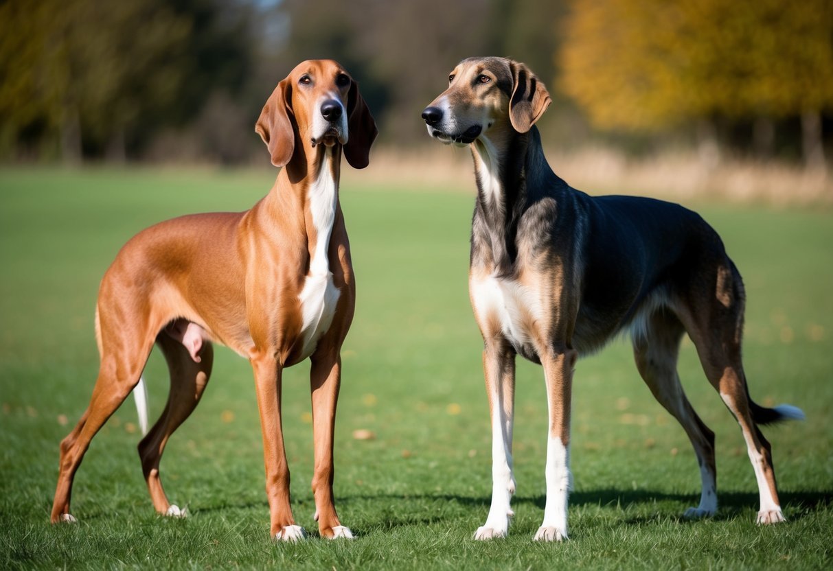 A large Deerhound and Wolfhound stand side by side, showcasing their height discrepancies.</p><p>The Deerhound's sleek, graceful form contrasts with the Wolfhound's bulkier build