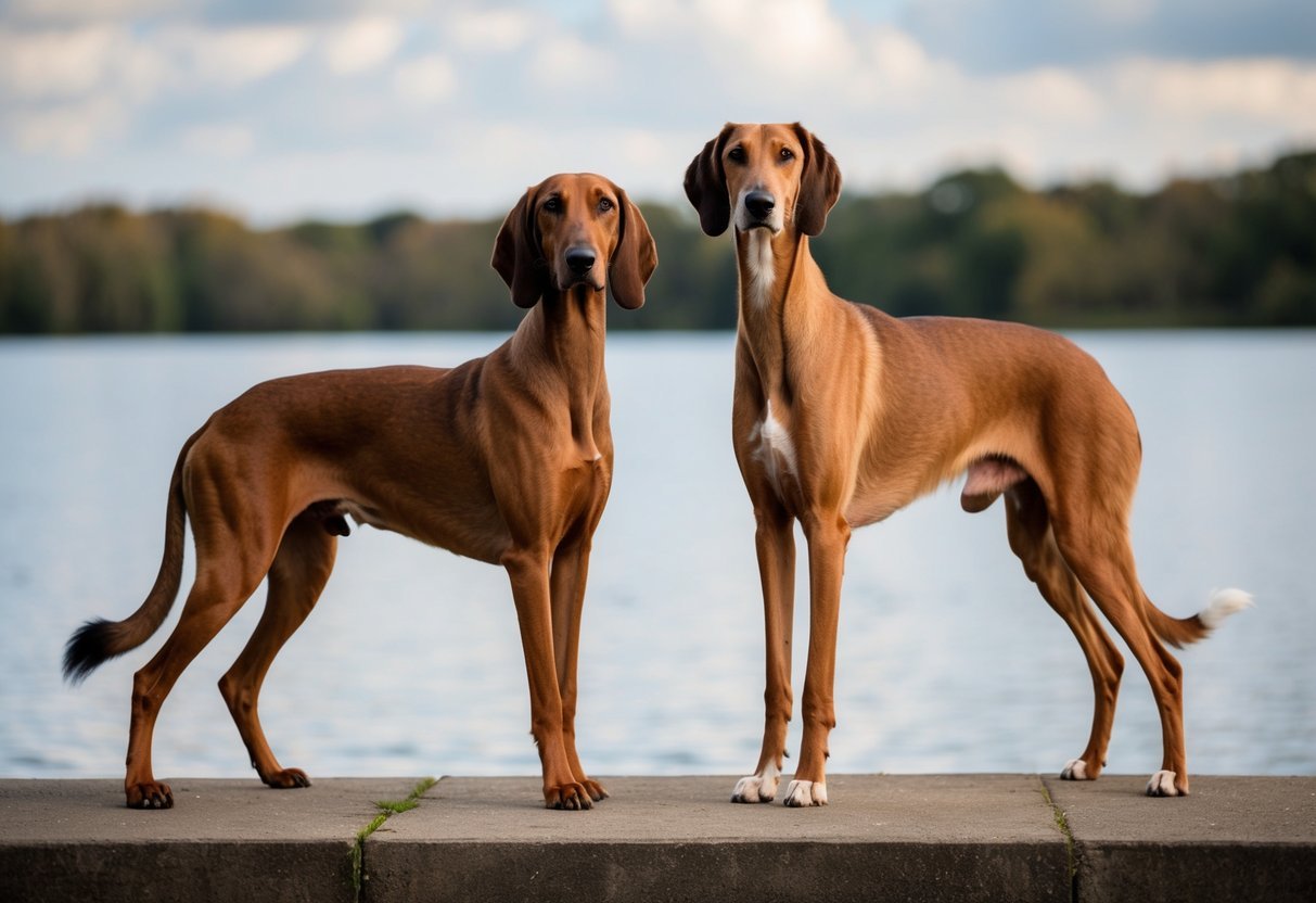 A Deerhound and Wolfhound stand side by side, their distinct tail carriages on full display.</p><p>The Deerhound's tail is slightly curved, while the Wolfhound's is straight and carried low