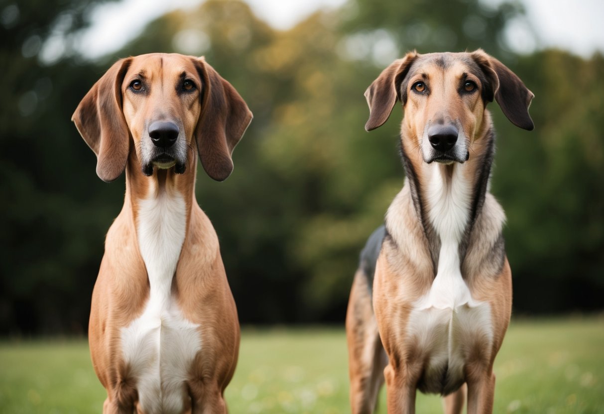 A Deerhound and a Wolfhound stand side by side, showcasing their distinct physical differences in size, coat texture, head shape, and ear position