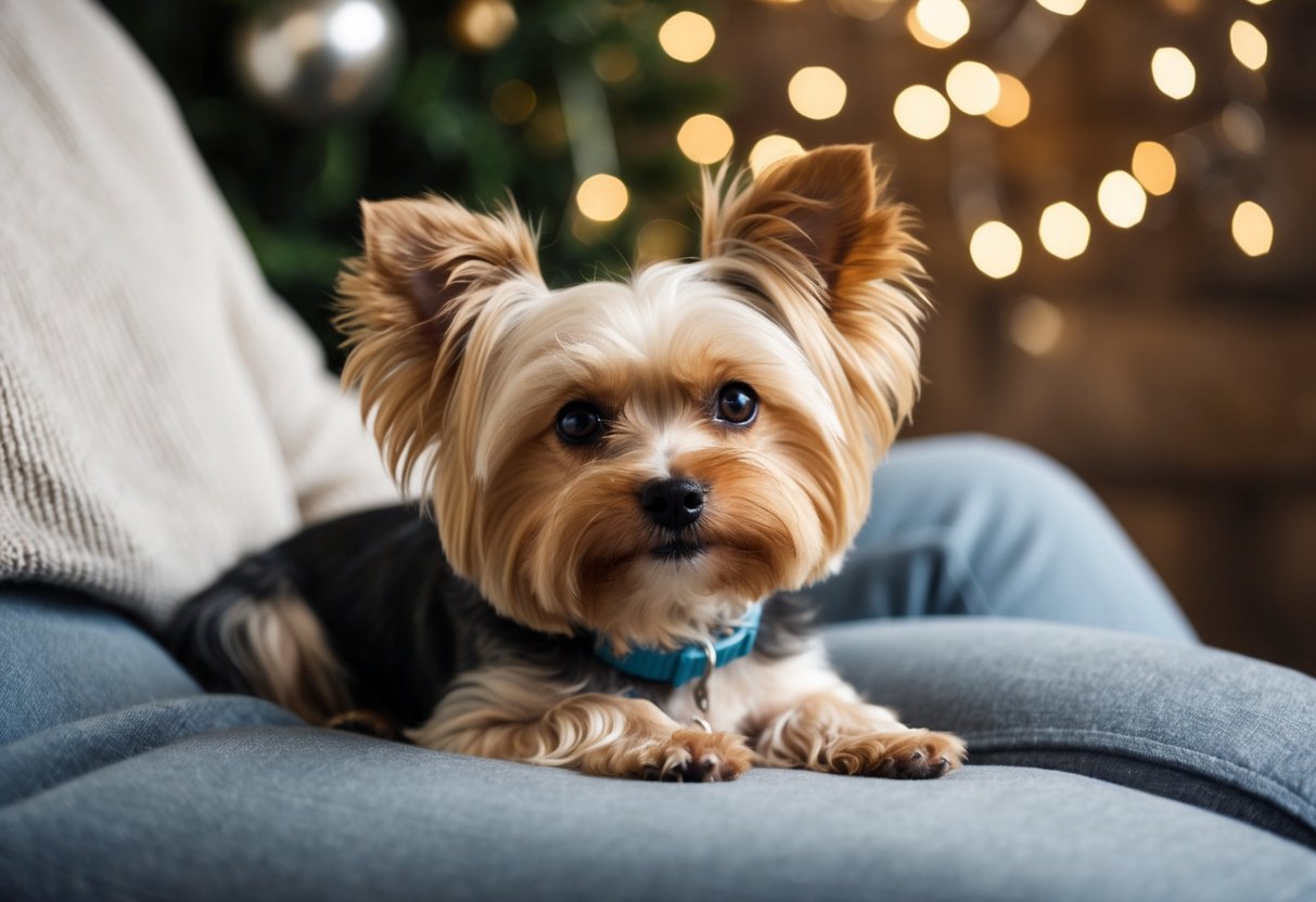 A Yorkie Maltipoo snuggles on a cozy lap, looking up with adoring eyes