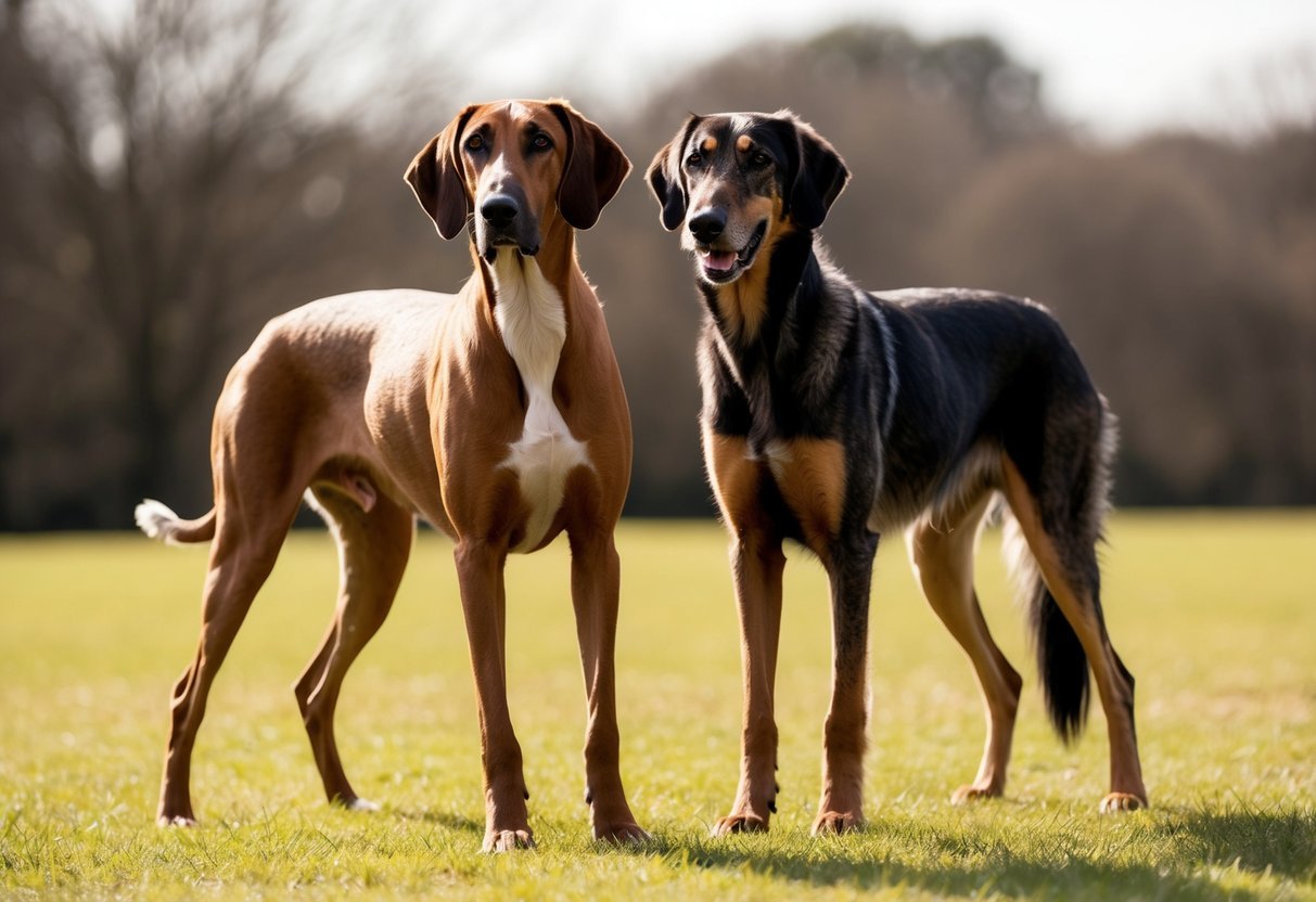 A Deerhound and a Wolfhound stand side by side, showcasing their distinct physical characteristics and behaviors