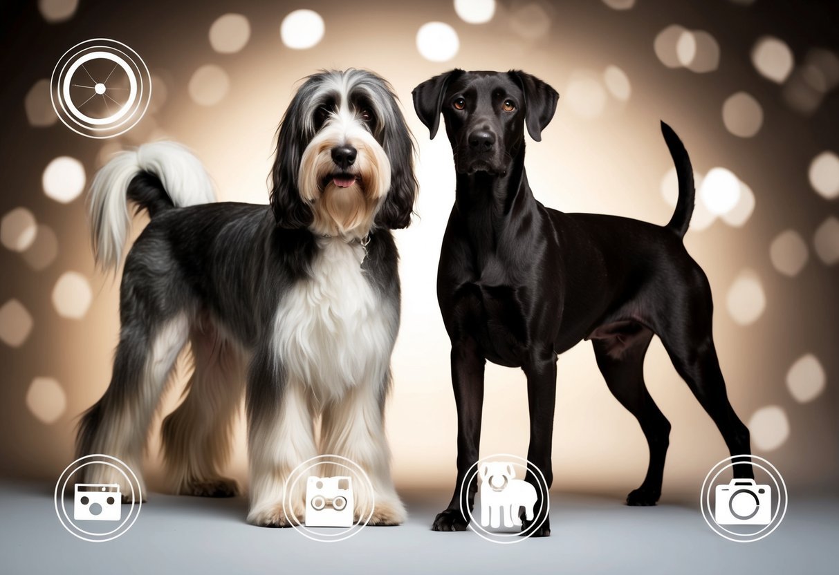 Two large, elegant dogs stand side by side, one with a long, shaggy coat and the other with a sleek, wiry coat.</p><p>They are surrounded by four different icons representing various distinguishing features