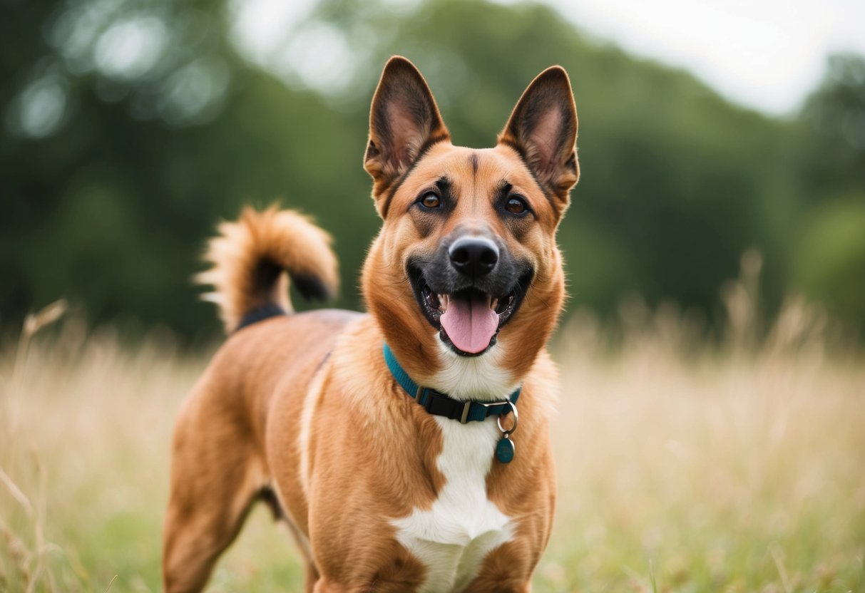 A dog with a mid-level wagging tail, ears perked up, and a relaxed body posture, looking directly at the viewer