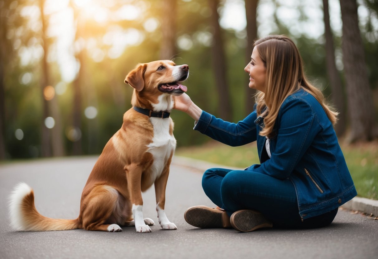 A dog sitting calmly with a relaxed posture, wagging its tail in different directions, and making eye contact with its owner