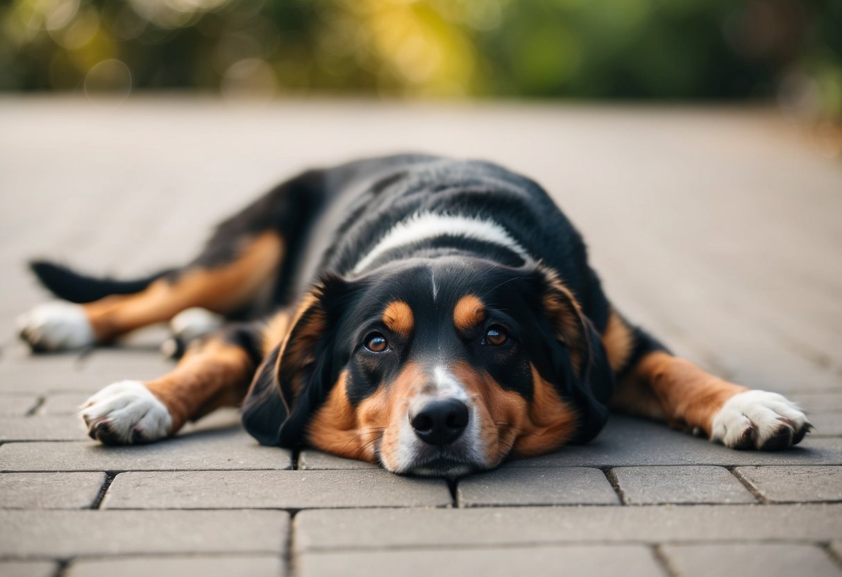 A dog lying down with a relaxed wagging tail, showing neutral body language and using tail signals to communicate