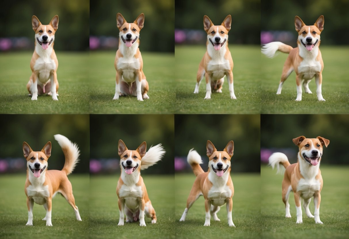 A dog wagging its tail at different angles: high and stiff, low and wagging, slow and sweeping, fast and wagging, tucked between legs, and wagging to one side