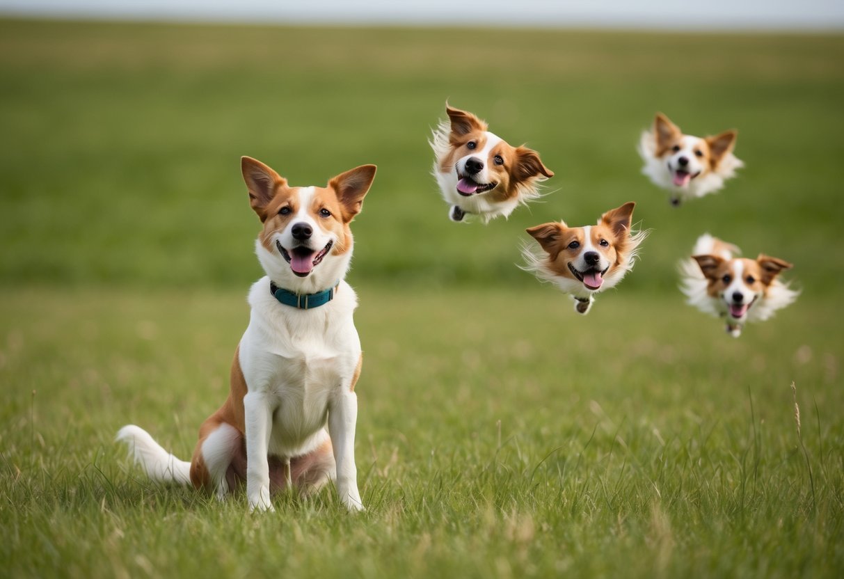 A dog sitting in a grassy field, wagging its tail at different speeds and heights, with various expressions on its face