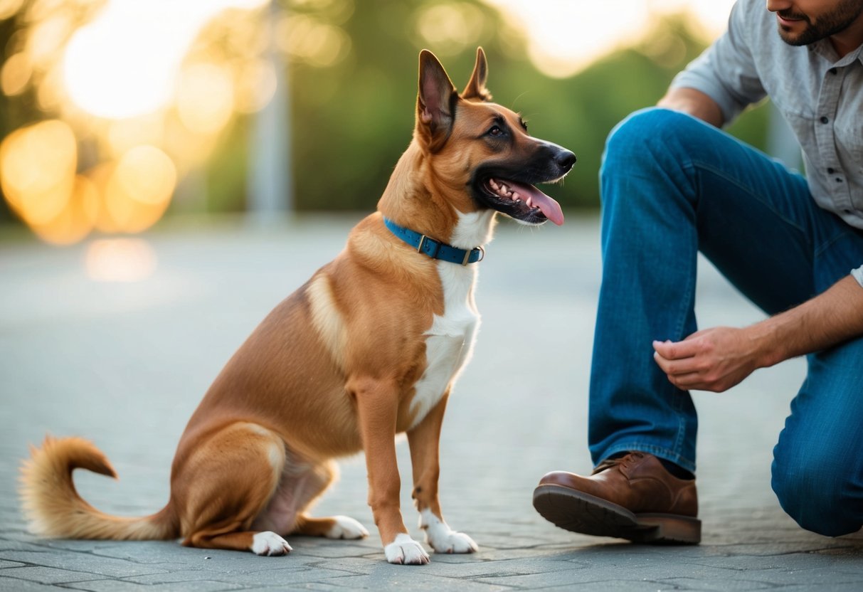 A dog sitting with its tail wagging slowly, ears perked up, and eyes focused on its owner