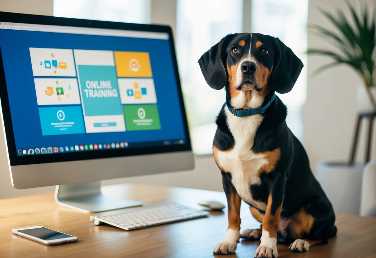 A dog sitting attentively in front of a computer screen, with various online training resources displayed