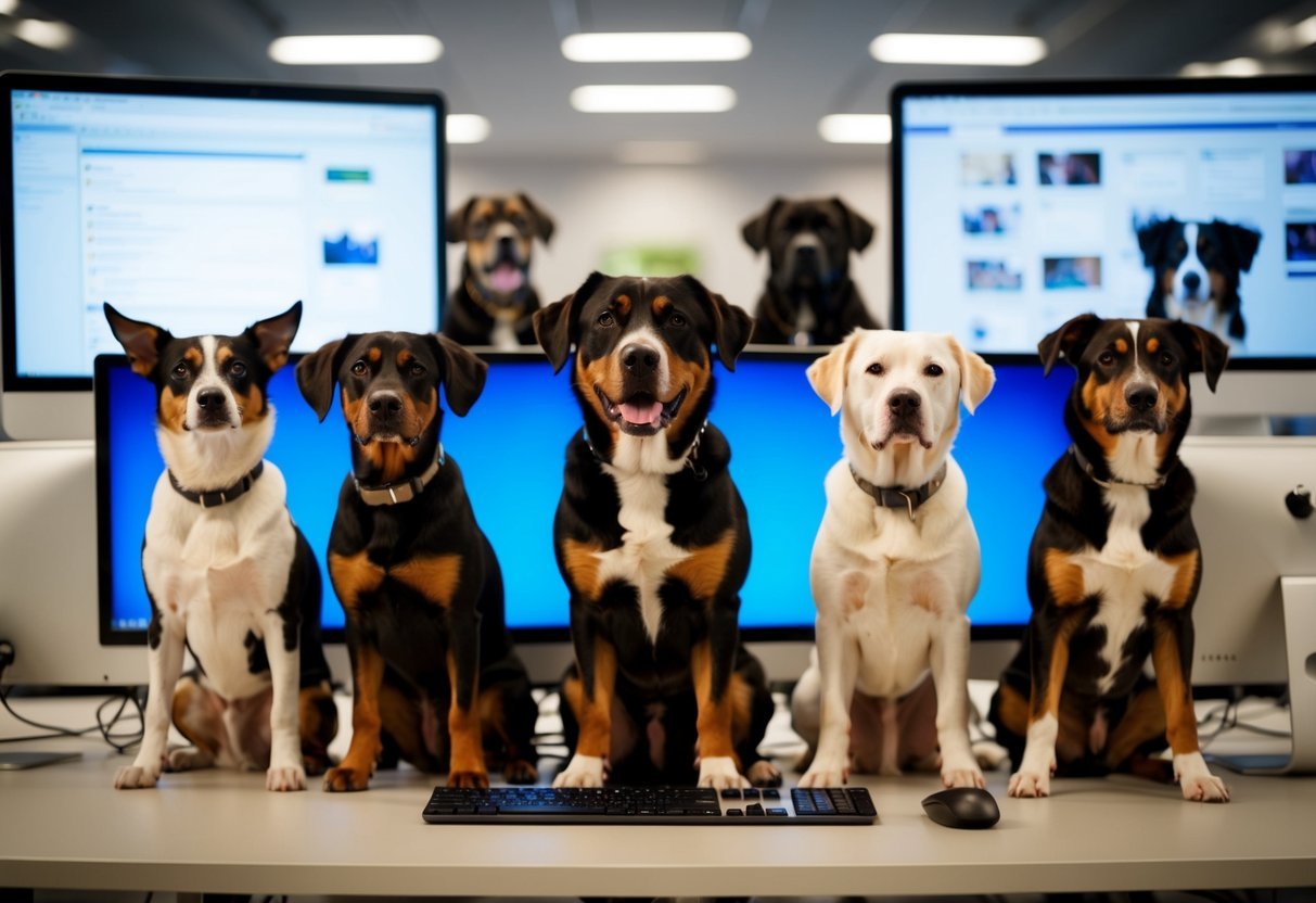 A group of dogs sitting attentively in front of a computer screen, with a confident and authoritative dog at the forefront