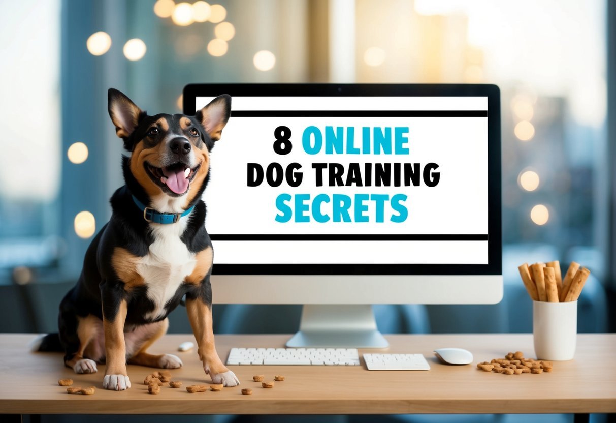 A happy dog performing tricks for treats in front of a computer screen displaying "8 Online Dog Training Secrets"