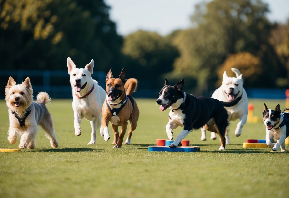 A group of dogs of different breeds and sizes are engaged in various training activities, such as obedience exercises, agility courses, and socialization exercises in a spacious outdoor setting