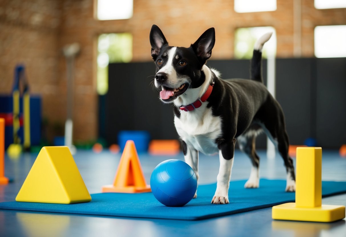 A dog confidently performing advanced training exercises with various props and obstacles in an online training setting