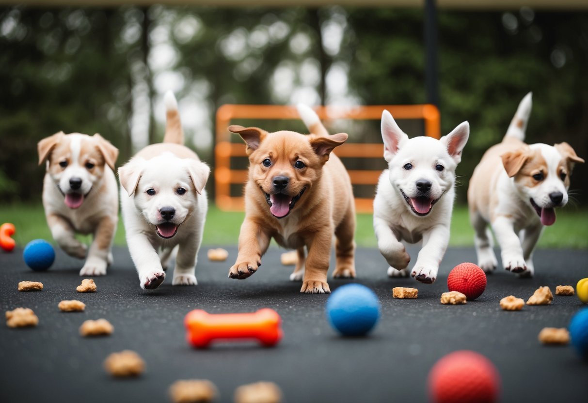 A group of playful puppies eagerly following commands in a training area with toys and treats scattered around