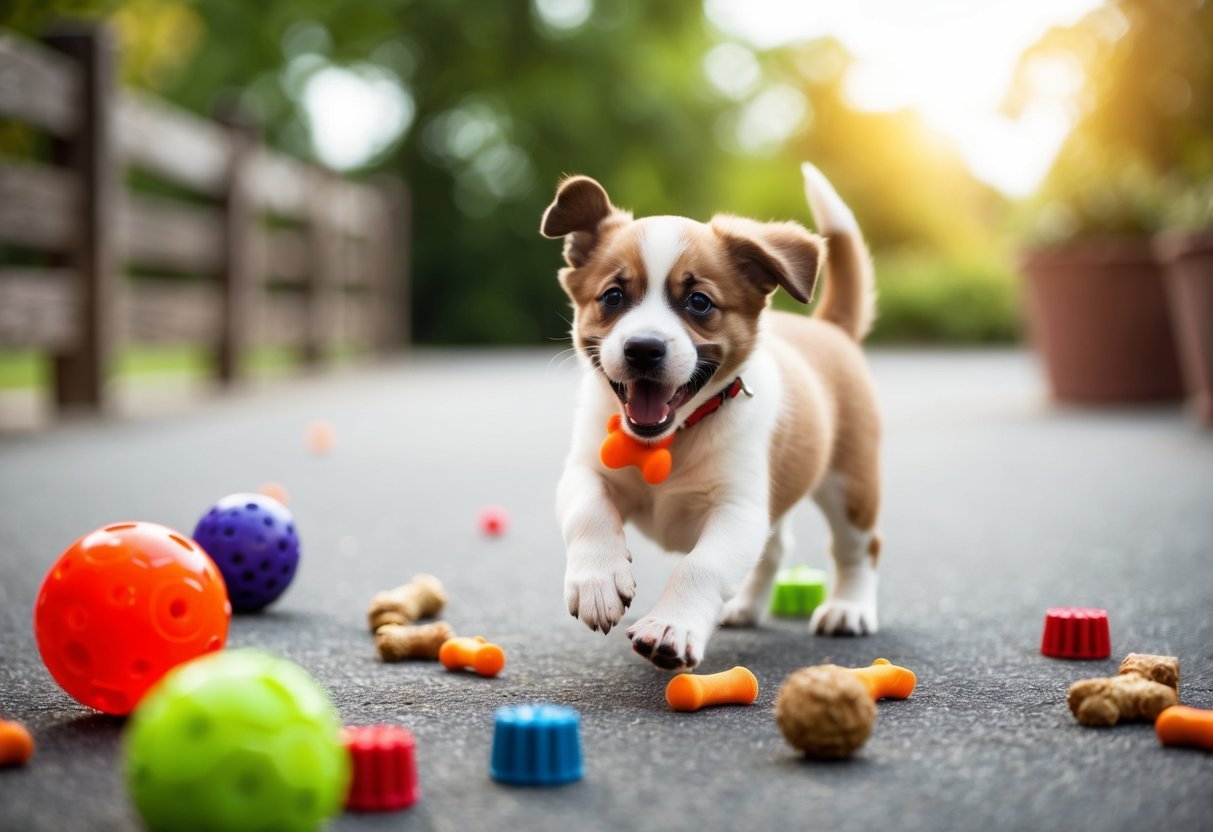 A playful puppy eagerly participates in short, engaging training sessions with various toys and treats scattered around