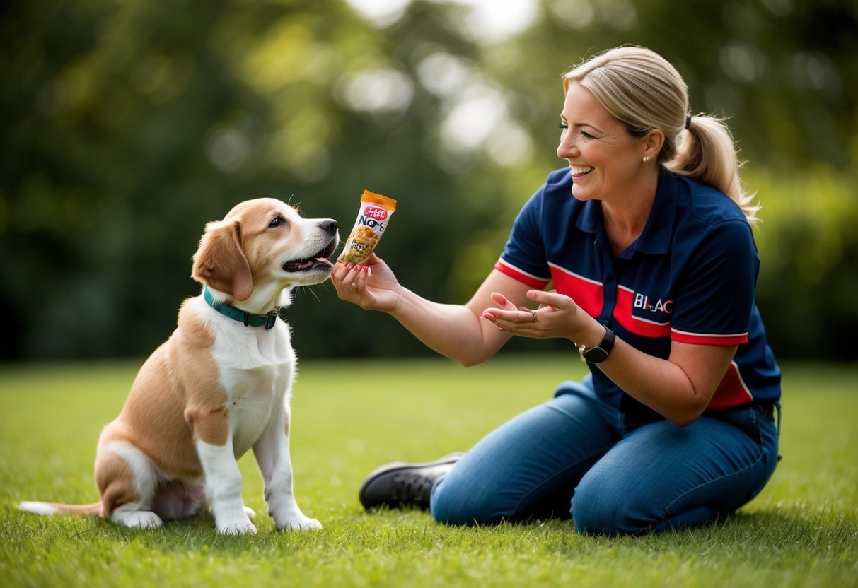 A playful puppy eagerly sits for a Bil-Jac Little Jacs treat, while the trainer smiles and rewards the good behavior