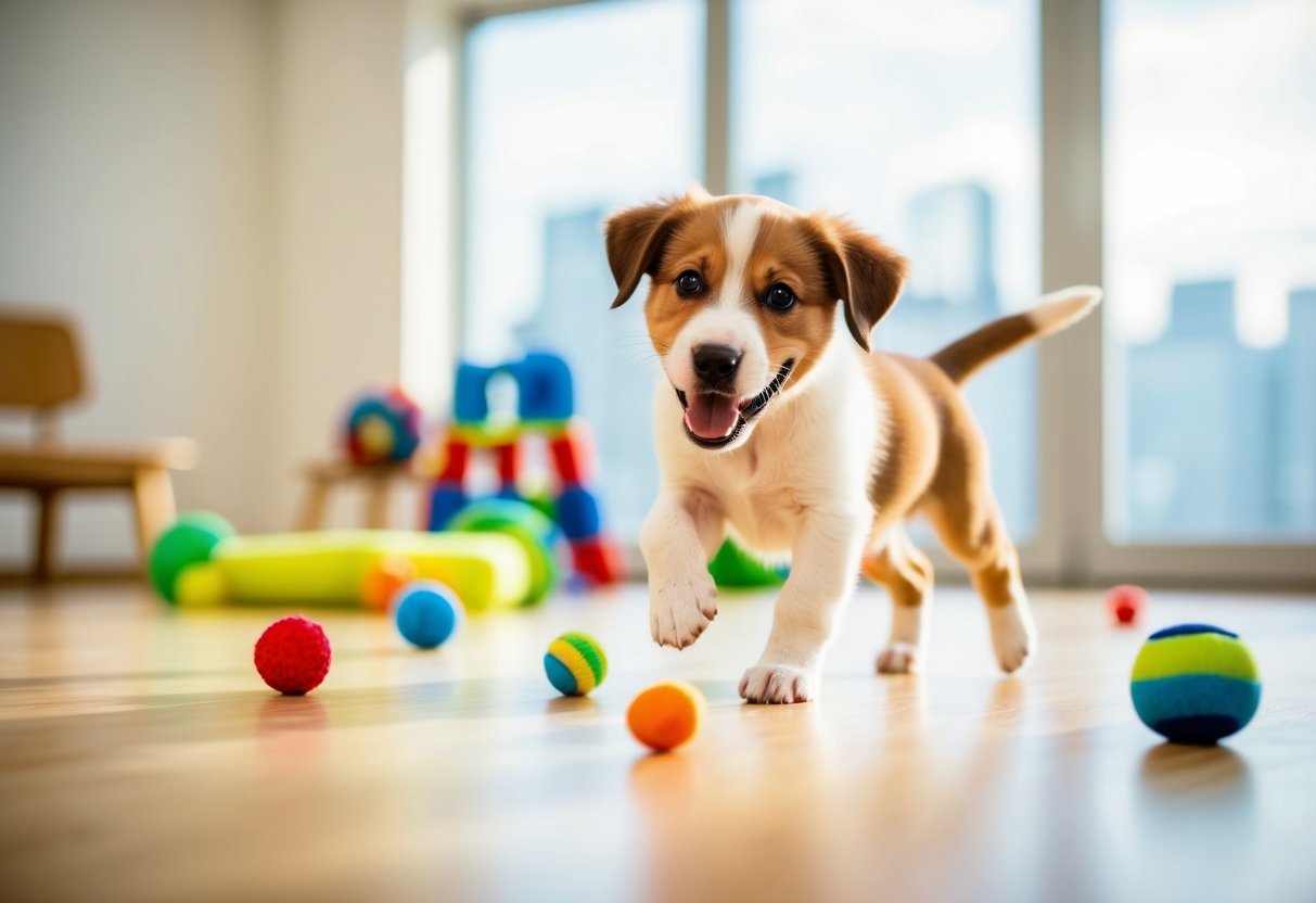 A playful puppy eagerly follows simple training commands in a bright, open space with toys scattered around