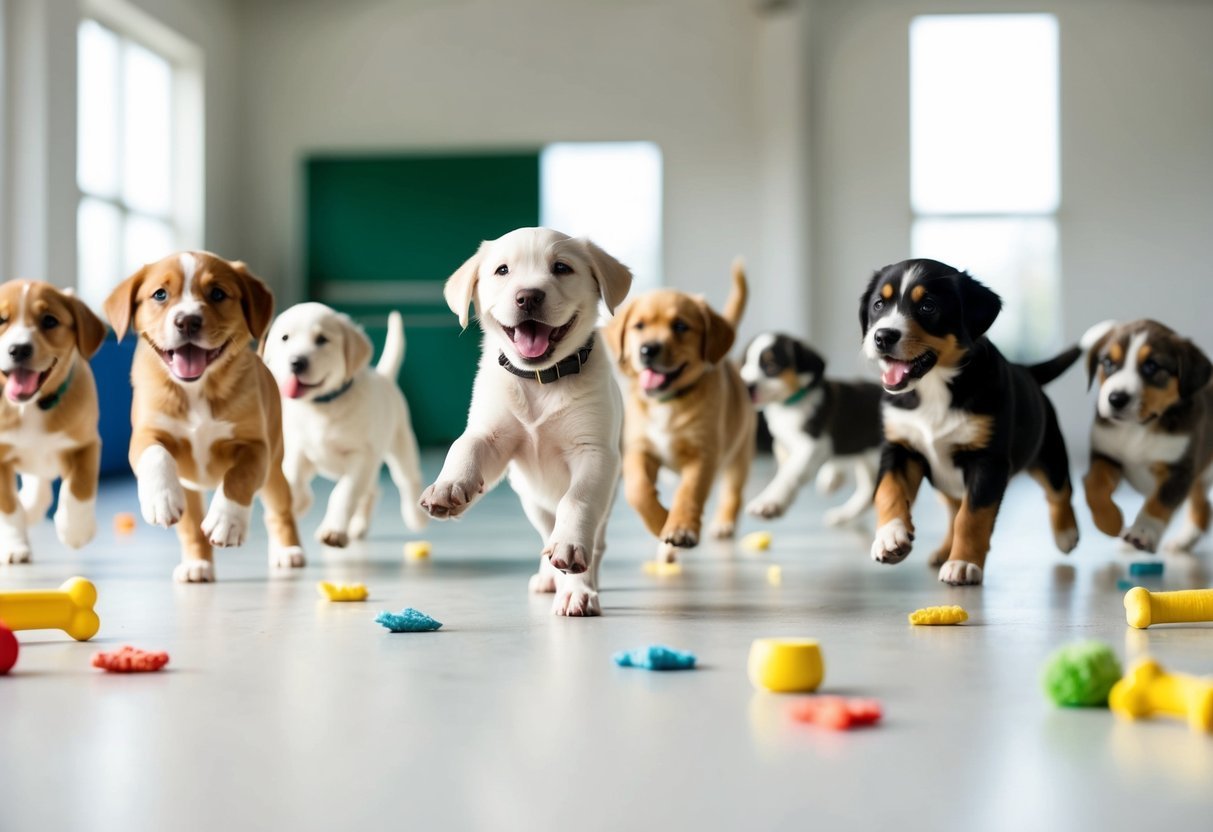 A group of playful puppies eagerly obeying commands in a bright, spacious training area with toys and treats scattered around