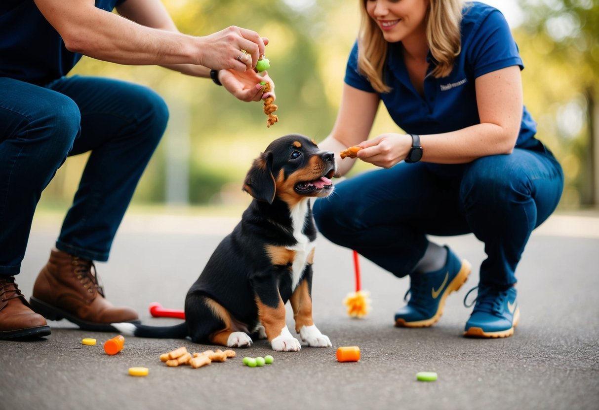 A playful puppy sitting obediently as a trainer uses treats and toys for positive reinforcement during a training session