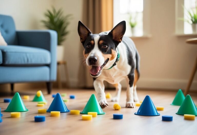 Dog walking through an obstacle course of cones and discs in a living room