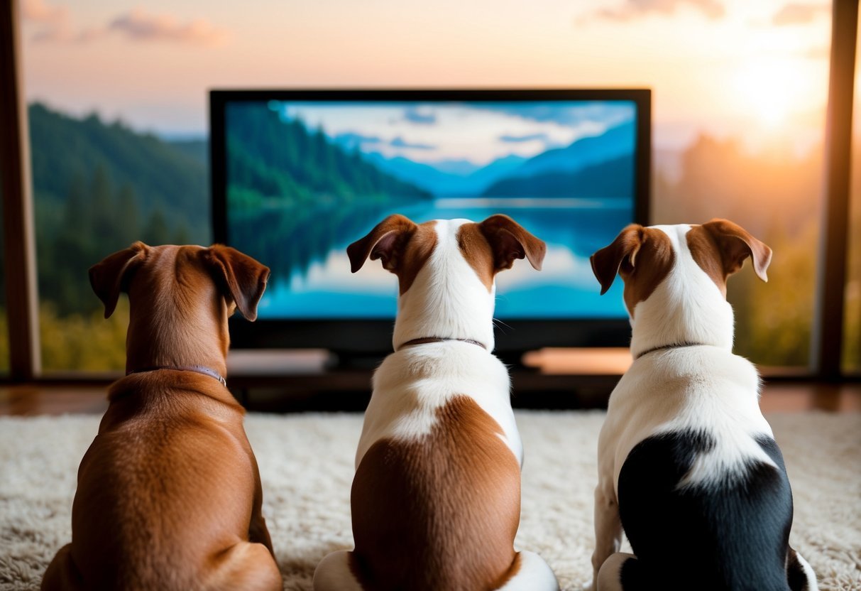 Three dogs peacefully watching a TV screen with a calming nature scene