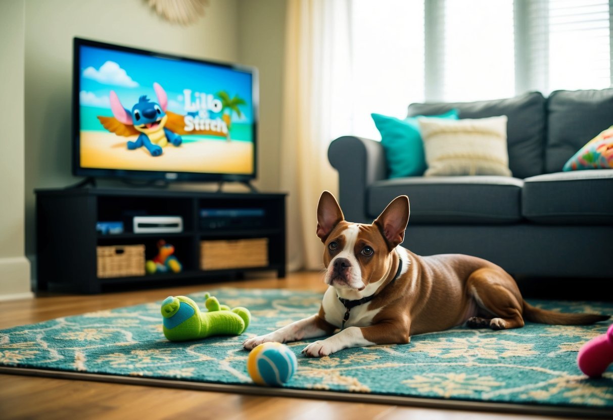 A cozy living room with a TV playing "Lilo & Stitch." A dog peacefully resting on a comfortable rug, surrounded by toys