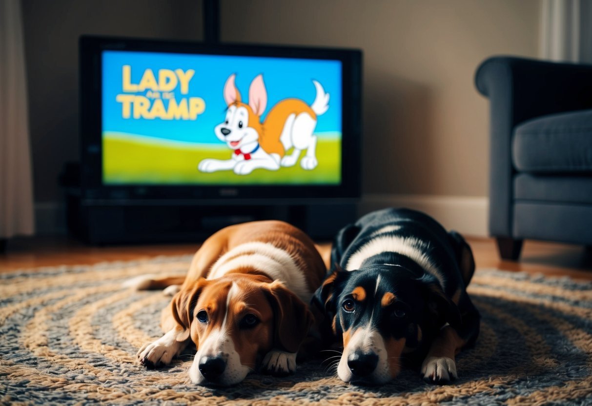 Two dogs lying on a cozy rug in front of a TV playing "Lady and the Tramp." The room is dimly lit and the dogs are peacefully watching the screen
